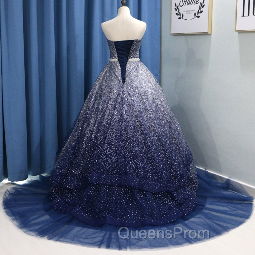 Gorgeous Tulle Strapless Beaded Long Layered Evening Dress, Blue Evening Dress Evening Prom Dress