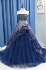 Gorgeous Tulle Strapless Beaded Long Layered Evening Dress, Blue Evening Dress Evening Prom Dress