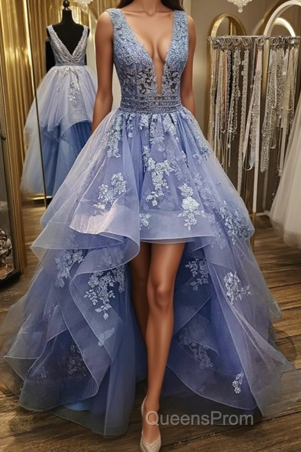 Gorgeous V Neck and V Back Blue Tulle Lace Long Evening Prom Dress, Puffy Blue Lace Formal Evening Dress Main image