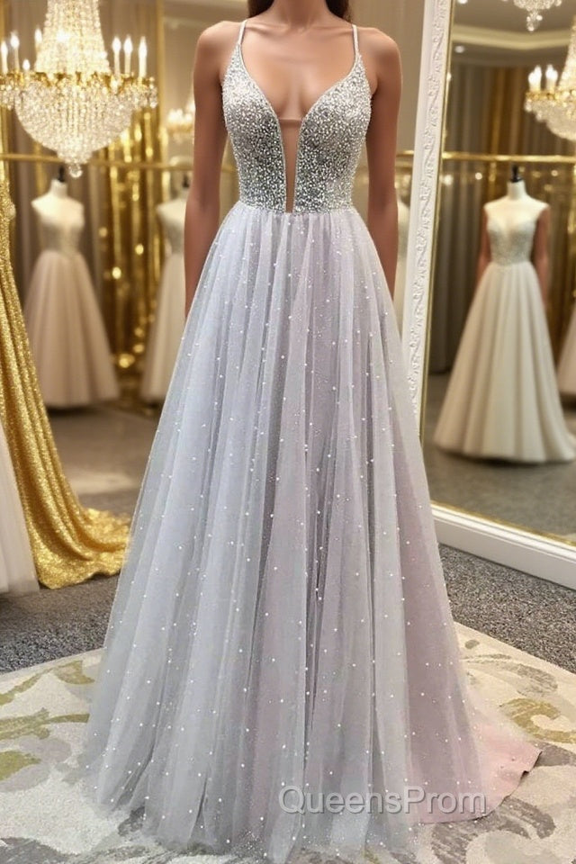 Gorgeous V Neck Backless Beaded Gray Tulle Long Evening Prom Dress, Backless Grey Formal Graduation Evening Dress Main image