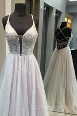 Gorgeous V Neck Backless Beaded Gray Tulle Long Evening Prom Dress, Backless Grey Formal Graduation Evening Dress