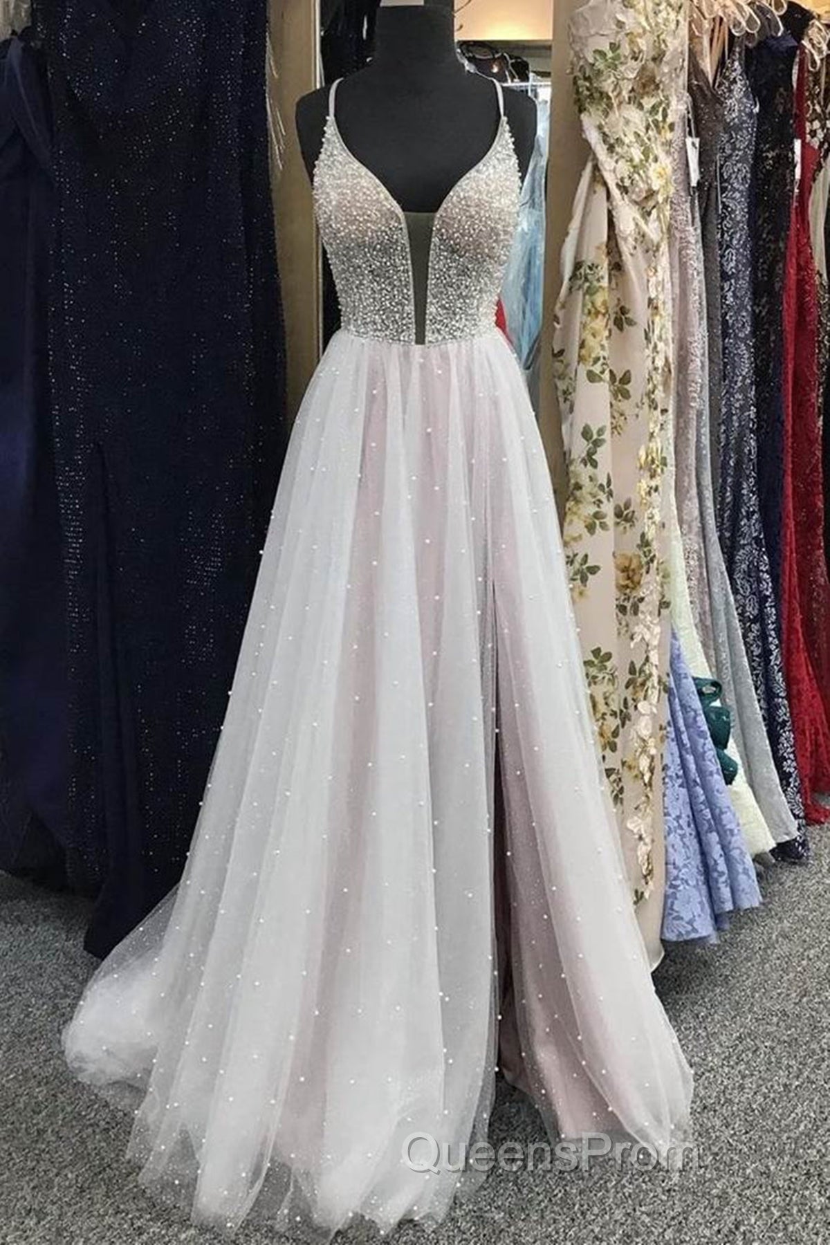 Gorgeous V Neck Backless Beaded Gray Tulle Long Evening Prom Dress, Backless Grey Formal Graduation Evening Dress
