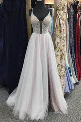 Gorgeous V Neck Backless Beaded Gray Tulle Long Evening Prom Dress, Backless Grey Formal Graduation Evening Dress