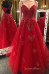 Gorgeous V Neck Backless Red Lace Appliques Evening Prom Dress