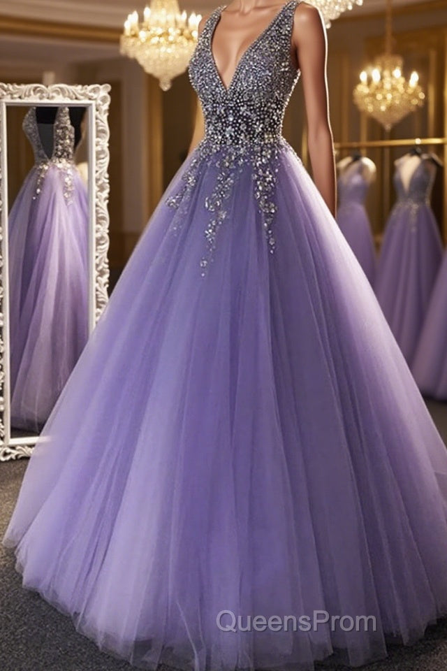 Gorgeous V Neck Beaded Purple Tulle Long Evening Prom Dress, V Neck Purple Formal Evening Dress, Purple Ball Gown Main image
