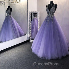 Gorgeous V Neck Beaded Purple Tulle Long Evening Prom Dress, V Neck Purple Formal Evening Dress, Purple Ball Gown