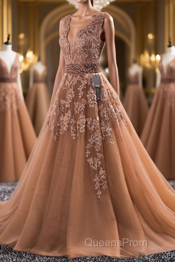 Gorgeous V Neck Champagne Lace Long Evening Prom Dress, Champagne Lace Formal Graduation Evening Dress Main image