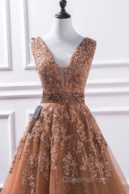 Gorgeous V Neck Champagne Lace Long Evening Prom Dress, Champagne Lace Formal Graduation Evening Dress