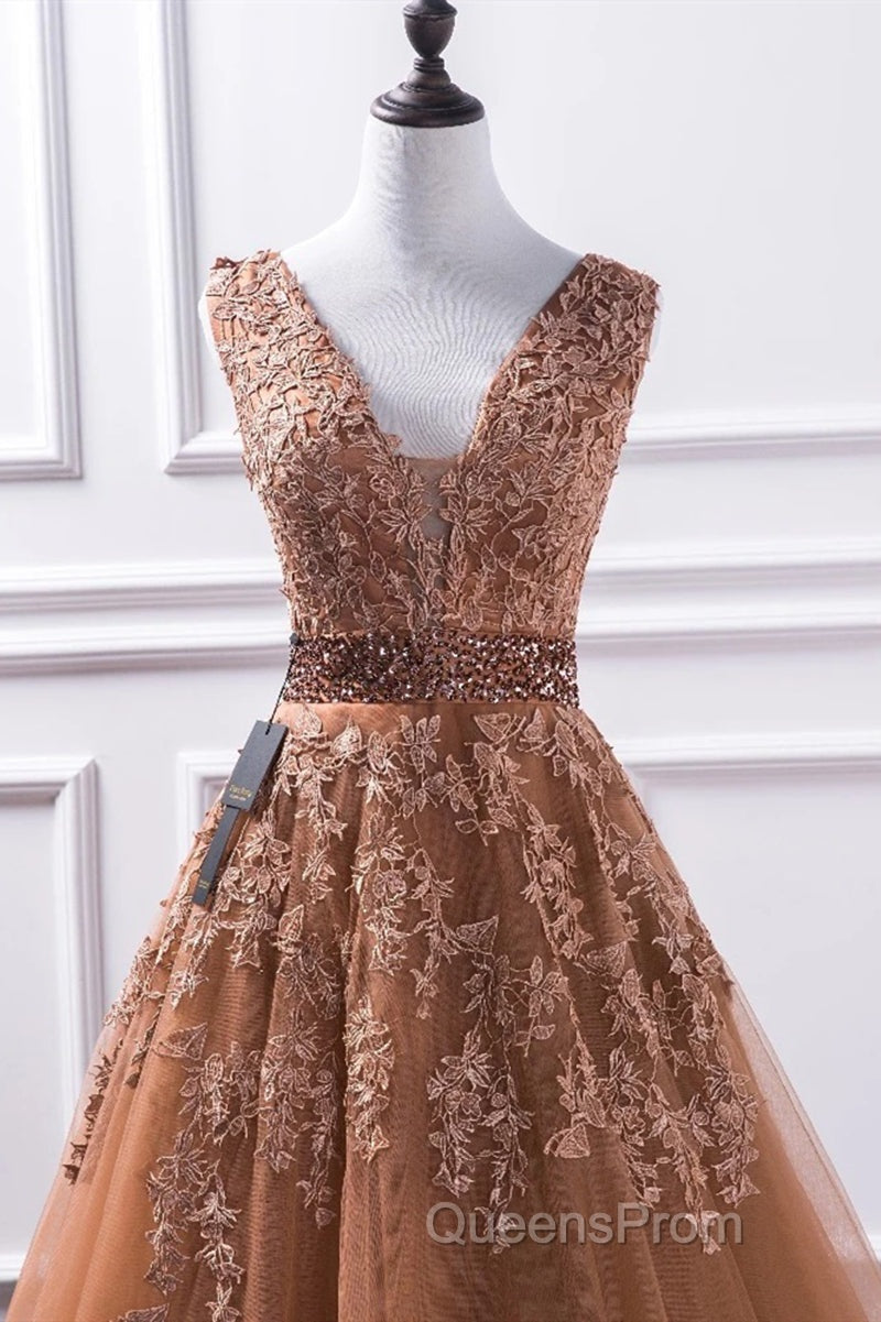 Gorgeous V Neck Champagne Lace Long Evening Prom Dress, Champagne Lace Formal Graduation Evening Dress