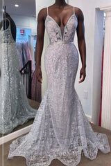 Gorgeous V Neck Mermaid Backless Silver Gray Evening Prom Dress, Mermaid Silver Gray Formal Dress, Backless Silver Gray Evening Dress