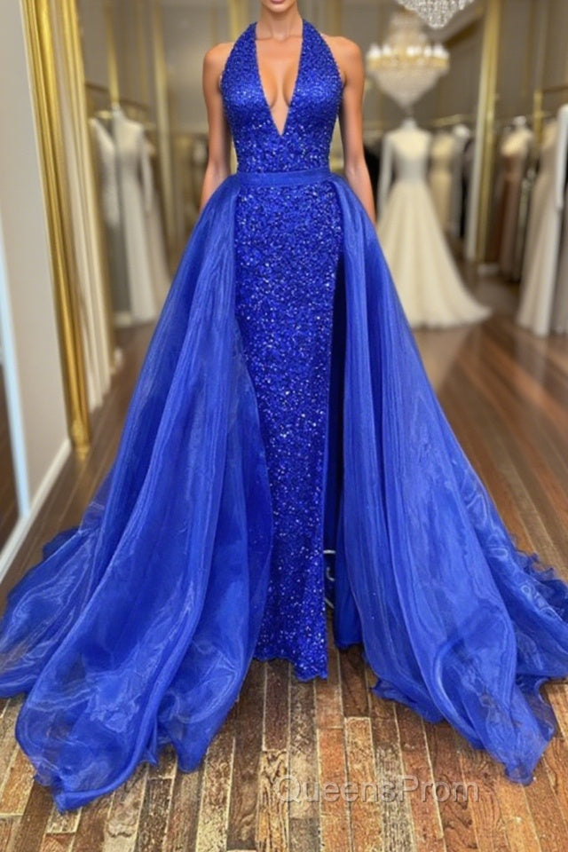Gorgeous V Neck Mermaid Blue Sequins Long Evening Prom Dress, Mermaid Blue Formal Dress, Blue Evening Dress Main image