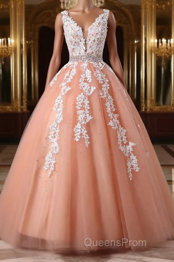 Gorgeous V Neck Open Back Coral Lace Floral Long Evening Prom Dress, Coral Lace Formal Dress, Coral Evening Dress with Appliques Main image
