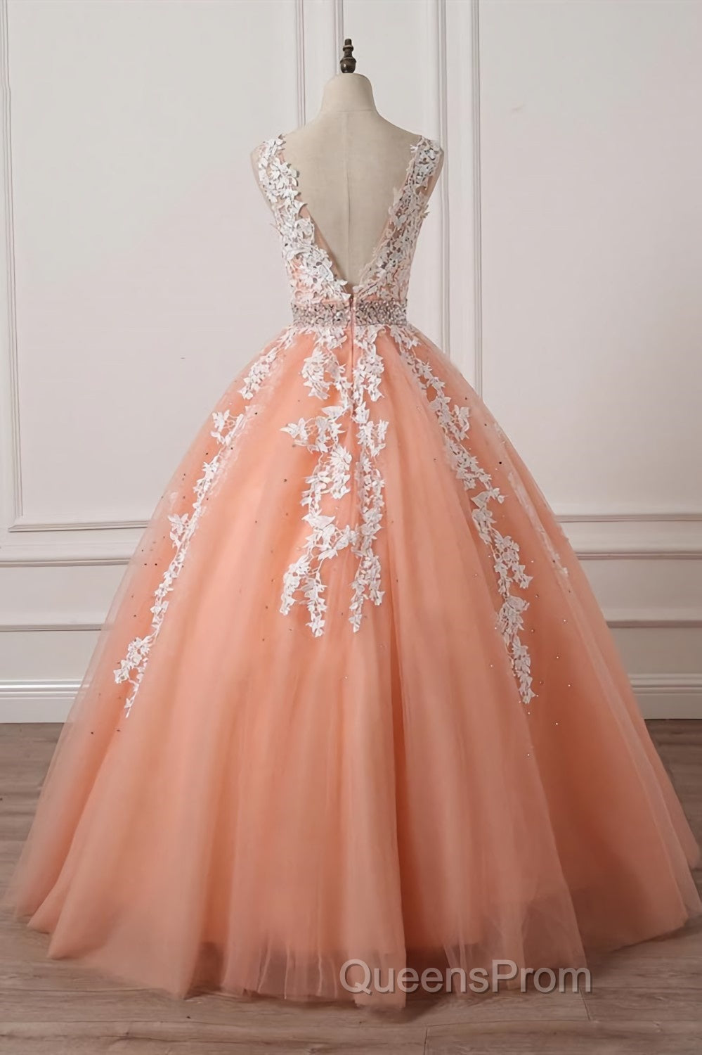 Gorgeous V Neck Open Back Coral Lace Floral Long Evening Prom Dress, Coral Lace Formal Dress, Coral Evening Dress with Appliques Secondary image