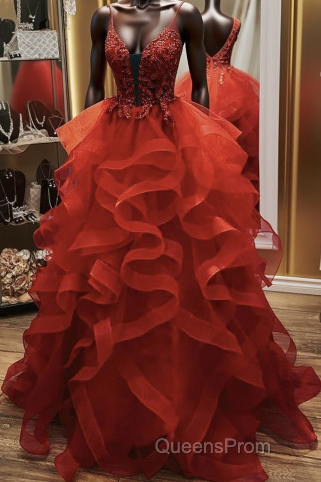 Gorgeous V Neck Open Back Red Lace Long Evening Prom Dress, Red Lace Formal Evening Dress, Red Ball Gown Main image