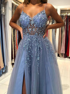Gorgeous V Neck Open Back Smoky Gray Beaded Long Classy Prom Dress, High Slit Smoky Grey Long Classy Evening Dress