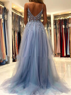 Gorgeous V Neck Open Back Smoky Gray Beaded Long Classy Prom Dress, High Slit Smoky Grey Long Classy Evening Dress