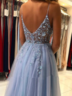 Gorgeous V Neck Open Back Smoky Gray Beaded Long Classy Prom Dress, High Slit Smoky Grey Long Classy Evening Dress