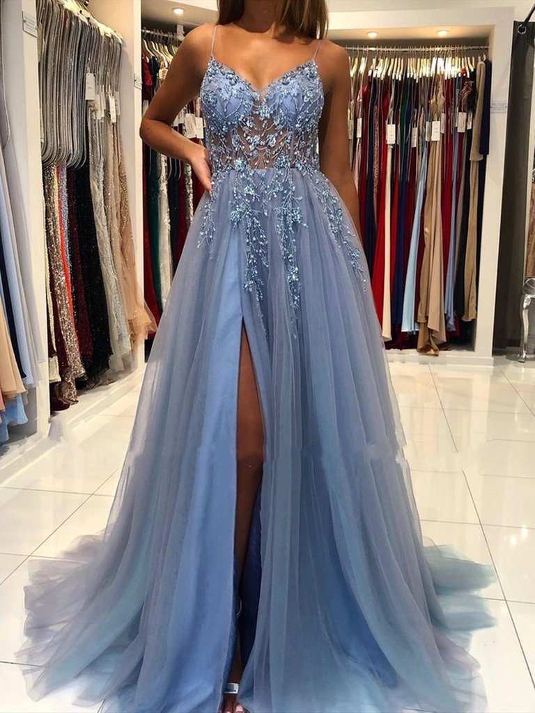 Gorgeous V Neck Open Back Smoky Gray Beaded Long Classy Prom Dress, High Slit Smoky Grey Long Classy Evening Dress Main image