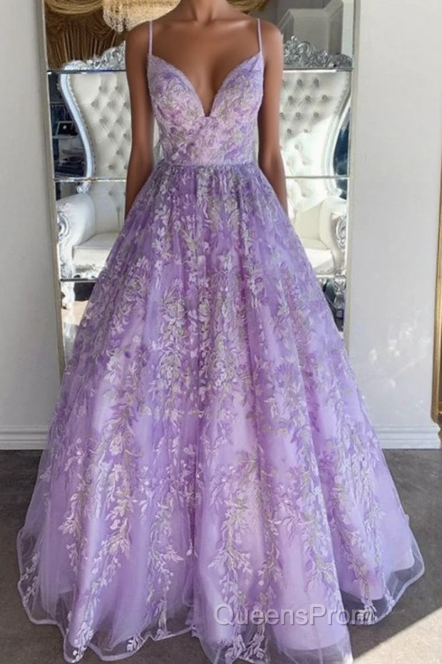 Gorgeous V Neck Thin Straps Purple Long Evening Prom Dress, V Neck Purple Formal Evening Dress, Purple Ball Gown Main image