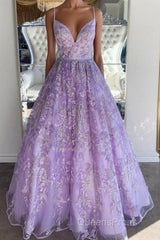 Gorgeous V Neck Thin Straps Purple Long Evening Prom Dress, V Neck Purple Formal Evening Dress, Purple Ball Gown