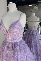 Gorgeous V Neck Thin Straps Purple Long Evening Prom Dress, V Neck Purple Formal Evening Dress, Purple Ball Gown