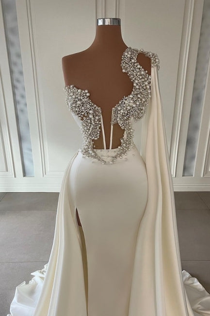 Gorgeous White A-Line One Shoulder Graduation Dresses Long Glitter Prom Dresses With Split Online Secondary image