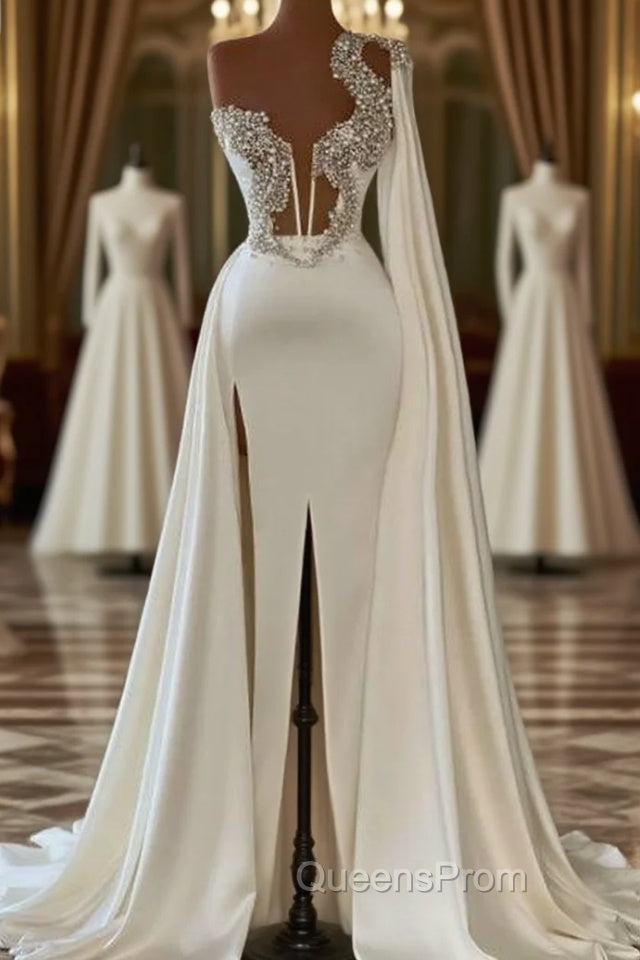 Gorgeous White A-line One Shoulder Graduation Dress Long Glitter Evening Prom Dress With Split Online