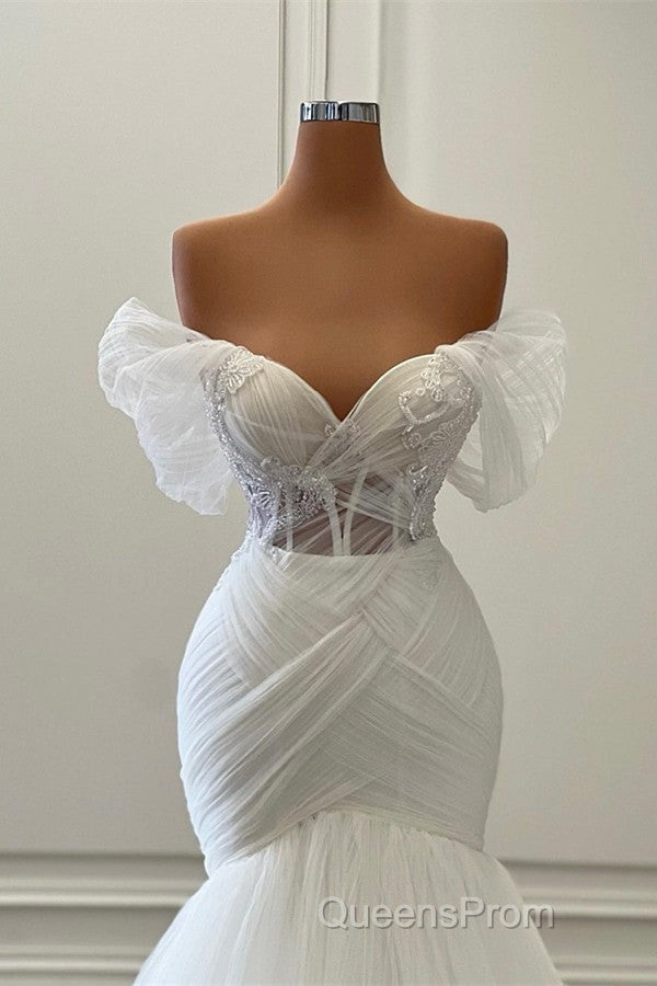 Gorgeous White Long Mermaid Off the Shoulder Tulle Wedding Dress Secondary image