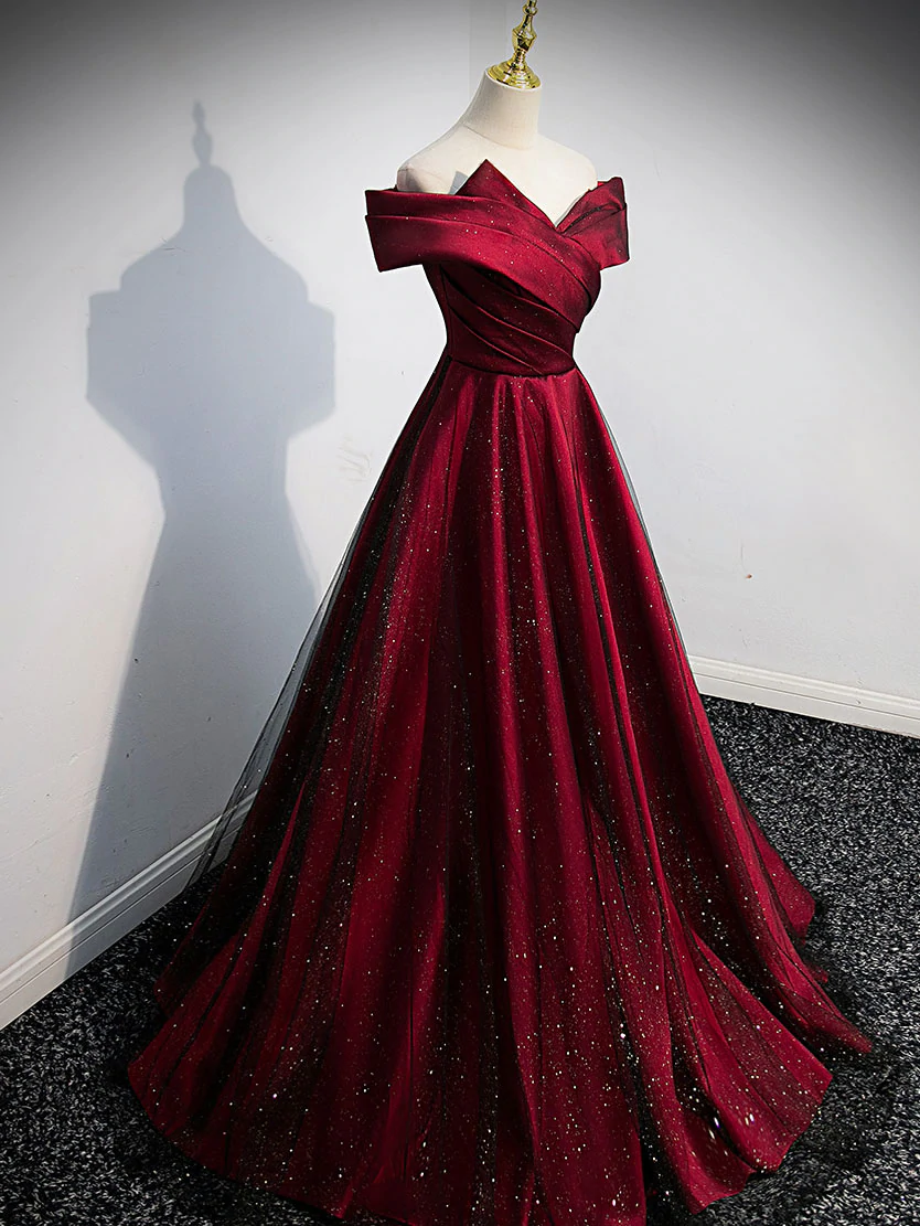 Gorgeous Wine Red Satin Off Shoulder Party Dress , Beautiful Wine Red Classy Prom Dress