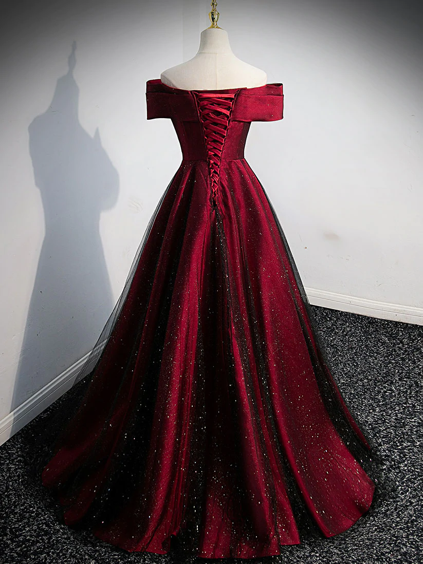 Gorgeous Wine Red Satin Off Shoulder Party Dress , Beautiful Wine Red Classy Prom Dress