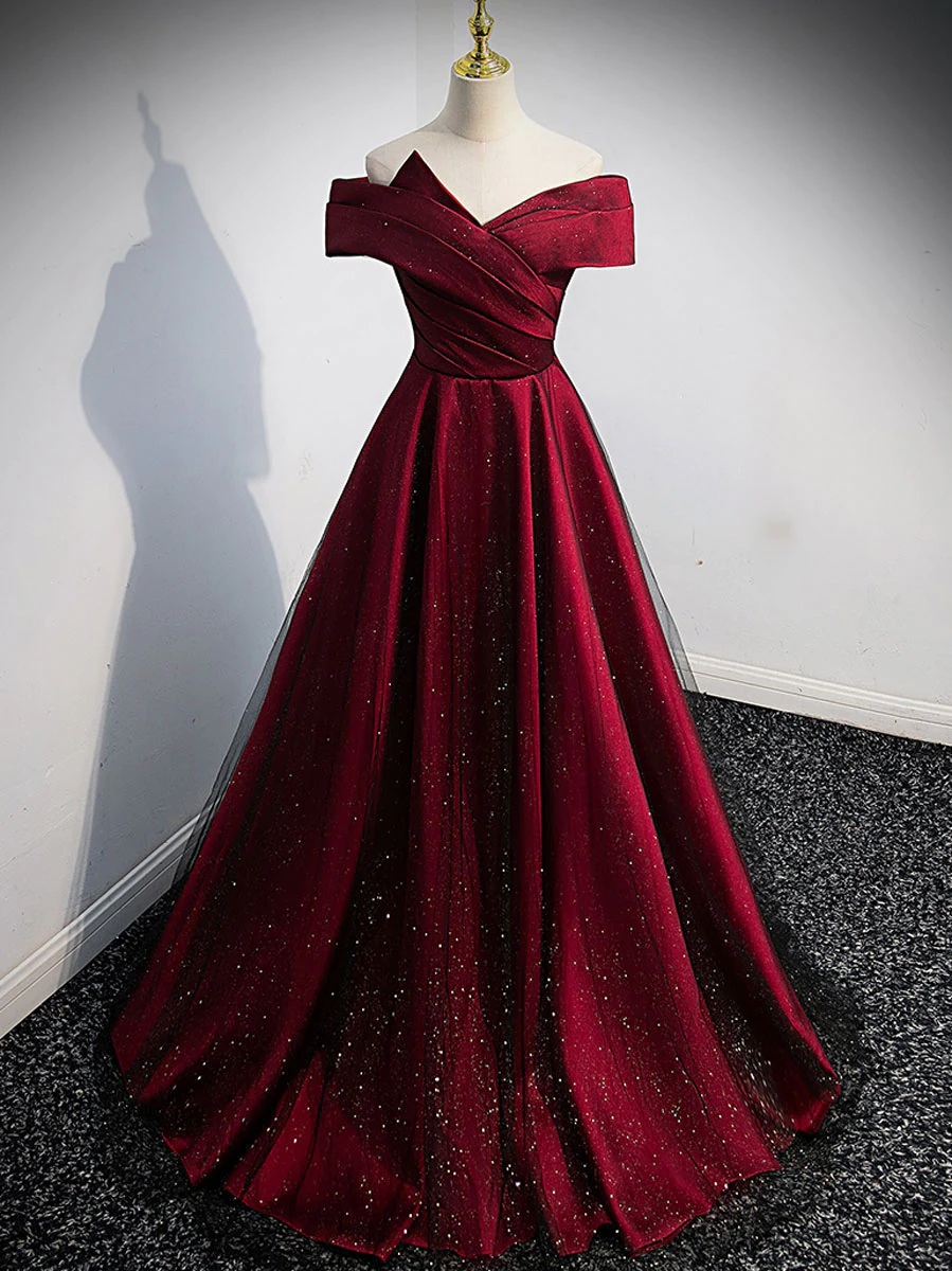 Gorgeous Wine Red Satin Off Shoulder Party Dress , Beautiful Wine Red Classy Prom Dress