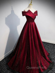 Gorgeous Wine Red Satin Off Shoulder Party Dress , Beautiful Wine Red Evening Prom Dress