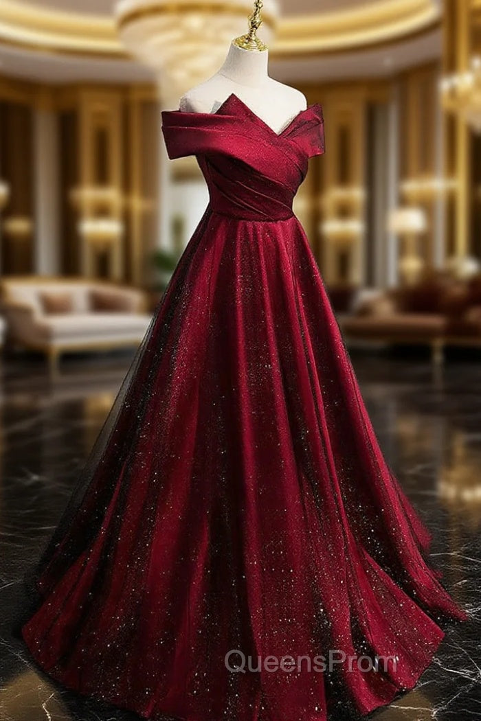 Gorgeous Wine Red Satin Off Shoulder Party Dress , Wine Red Evening Prom Dress Main image