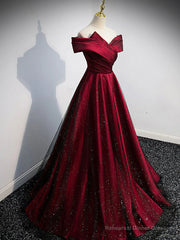Gorgeous Wine Red Satin Off Shoulder Party Dress , Wine Red Prom Dresses