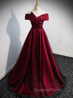 Gorgeous Wine Red Satin Off Shoulder Party Dress , Wine Red Evening Prom Dress