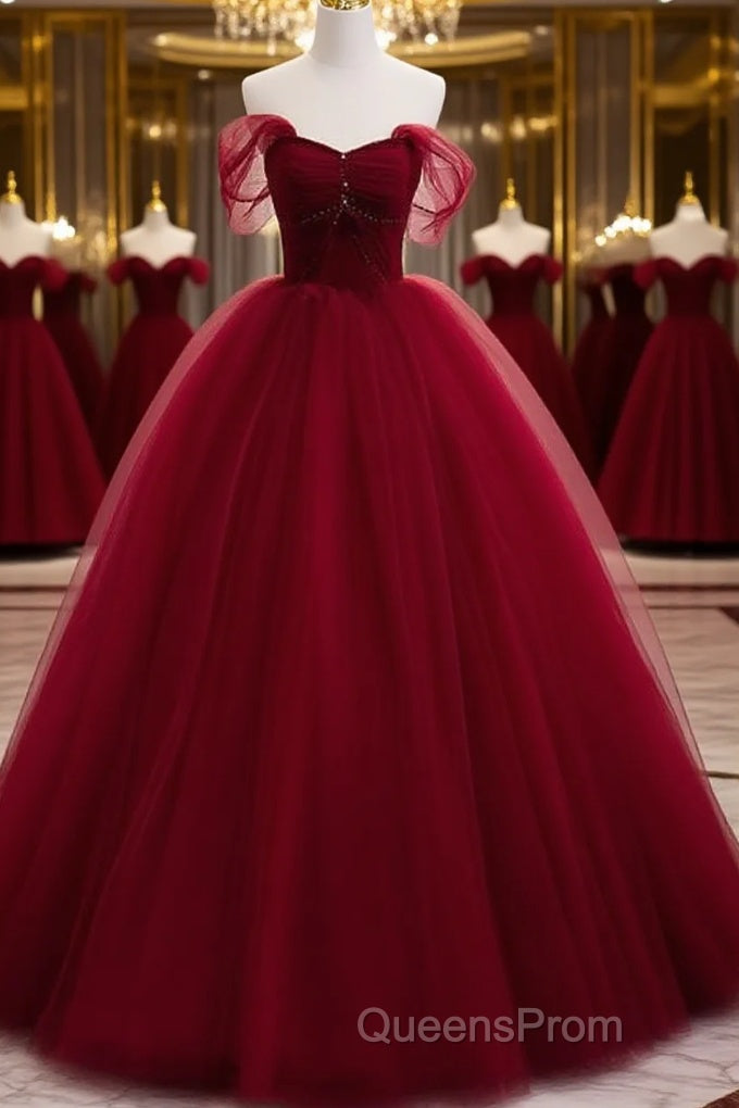 Gorgeous Wine Red Tulle Ball Gown Long Evening Prom Dress Formal Dress, Burgundy Sweet 16 Dress Main image