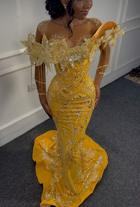 Gorgeous Yellow Beaded Mermaid Classy Evening Dress Long Classy Prom Dress