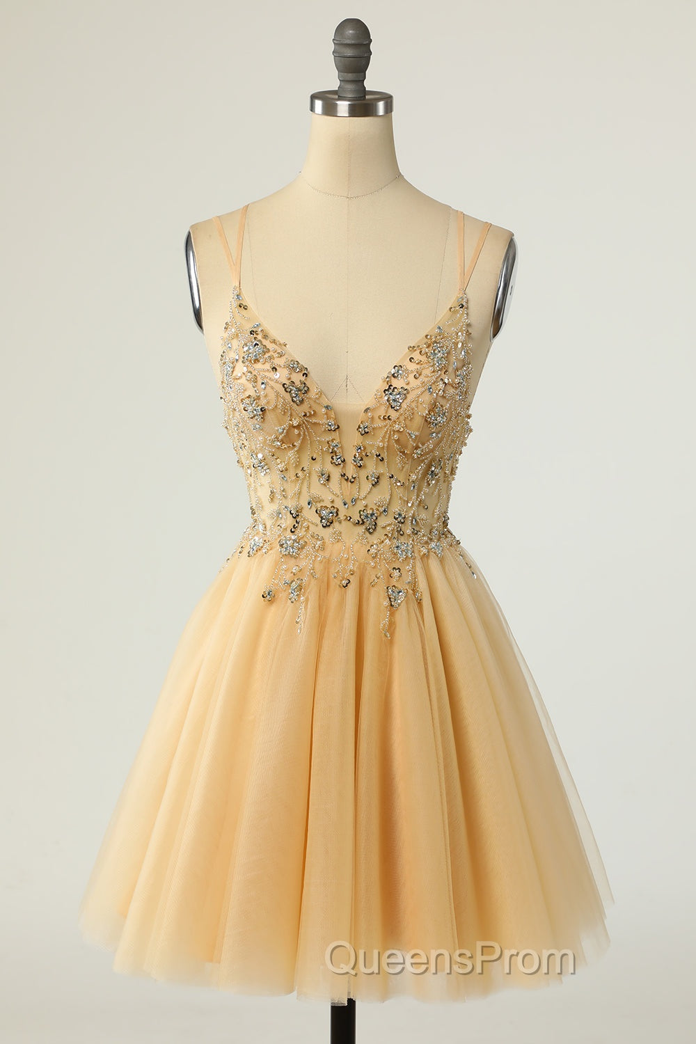 Gorgeous Yellow Homecoming Dress A Line Spaghetti Straps Short Evening Prom Dress with Beading Secondary image