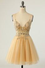 Gorgeous Yellow Homecoming Dress A Line Spaghetti Straps Short Evening Prom Dress with Beading