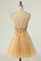 Gorgeous Yellow Homecoming Dress A Line Spaghetti Straps Short Evening Prom Dress with Beading