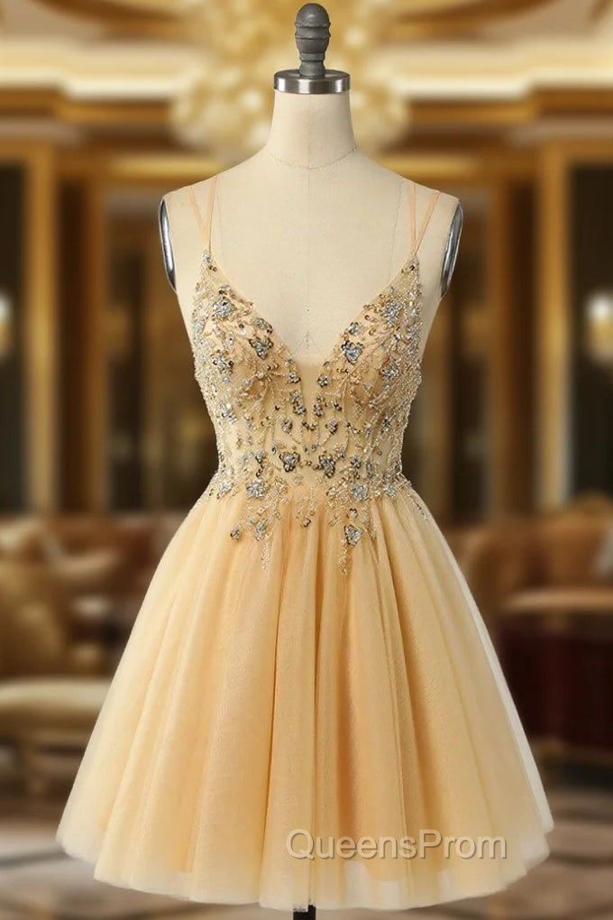 Gorgeous Yellow Homecoming Dress A Line Spaghetti Straps Short Evening Prom Dress with Beading Main image
