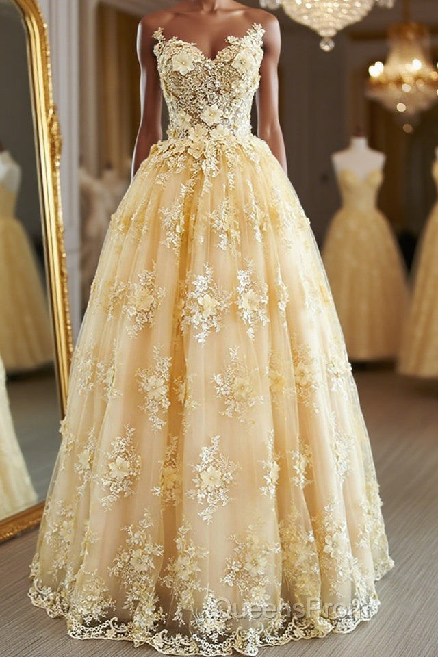 Gorgeous Yellow Lace Appliques Long Evening Prom Dress, Yellow Lace Formal Dress, Yellow Evening Dress Main image