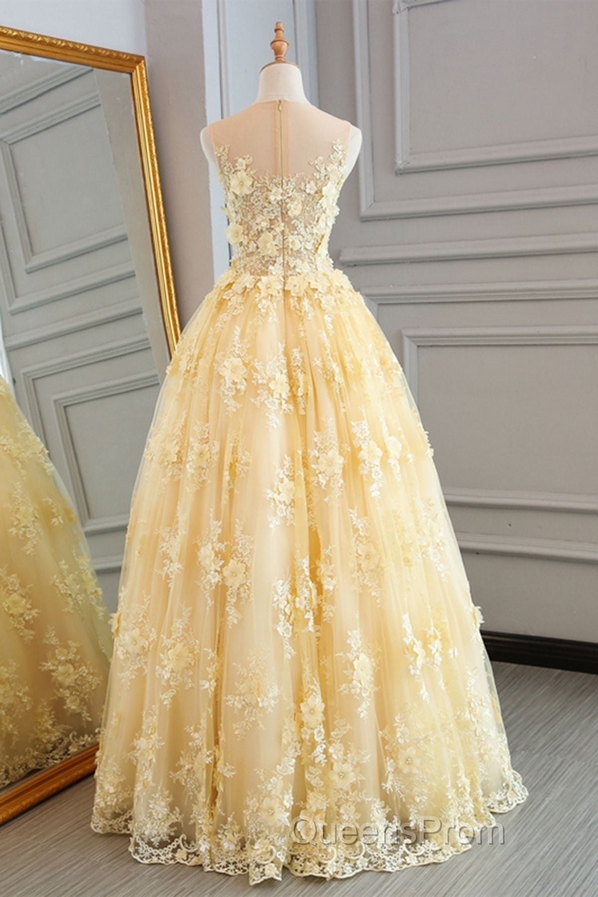 Gorgeous Yellow Lace Appliques Long Evening Prom Dress, Yellow Lace Formal Dress, Yellow Evening Dress