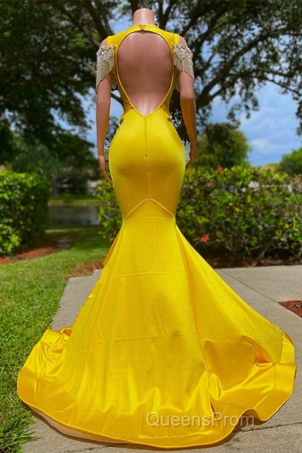 Gorgeous Yellow Long Mermaid Tassel Off the Shoulder Satin Backless Evening Prom Dress with Ruffles Secondary image