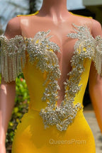 Gorgeous Yellow Long Mermaid Tassel Off the Shoulder Satin Backless Evening Prom Dress with Ruffles