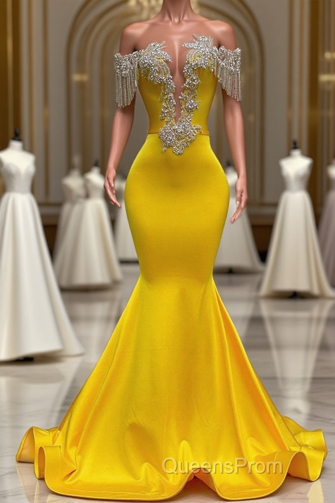 Gorgeous Yellow Long Mermaid Tassel Off the Shoulder Satin Backless Evening Prom Dress with Ruffles Main image