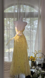 Gorgeous Butter Yellow Spaghetti Straps A-Line Tulle Beaded Long Classy Prom Dress Backless Classy Evening Gowns