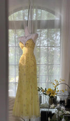 Gorgeous Butter Yellow Spaghetti Straps A-Line Tulle Beaded Long Classy Prom Dress Backless Classy Evening Gowns