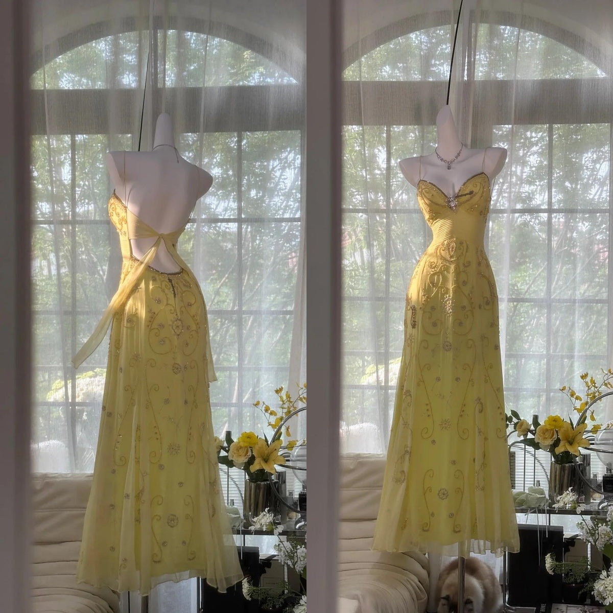 Gorgeous Butter Yellow Spaghetti Straps A-Line Tulle Beaded Long Classy Prom Dress Backless Classy Evening Gowns