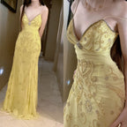 Gorgeous Butter Yellow Spaghetti Straps A-Line Tulle Beaded Long Classy Prom Dress Backless Classy Evening Gowns